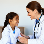 **

A female doctor, fully clothed in a white lab coat and stethoscope, smiles reassuringly at a young patient (8 years old) and his mother in a bright, modern clinic waiting room, appropriate content, safe for work, professional, perfect anatomy, well-formed hands, natural pose, family-friendly.

**