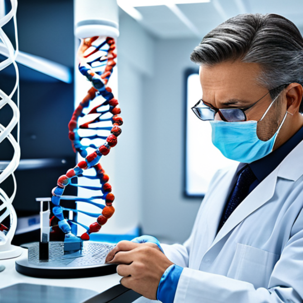 **A doctor examining a DNA strand model in a modern laboratory, surrounded by advanced equipment, fully clothed, professional attire, safe for work, perfect anatomy, natural proportions, professional photography, high quality.** (Focus: Precision medicine concept)