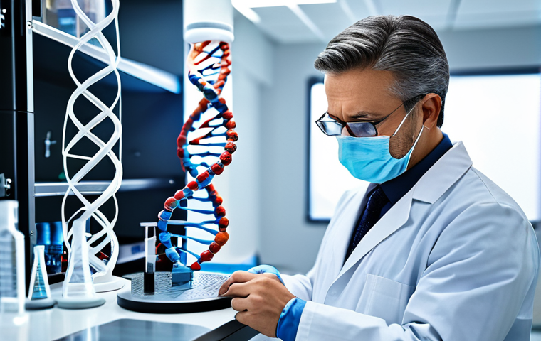 **A doctor examining a DNA strand model in a modern laboratory, surrounded by advanced equipment, fully clothed, professional attire, safe for work, perfect anatomy, natural proportions, professional photography, high quality.** (Focus: Precision medicine concept)