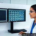 Home 18 정밀 의학의 사례 연구 유방암 - A sophisticated medical laboratory scene in Brazil showing a female oncologist analyzing genomic dat...
