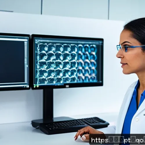 Home 28 정밀 의학의 사례 연구 유방암 - A sophisticated medical laboratory scene in Brazil showing a female oncologist analyzing genomic dat...