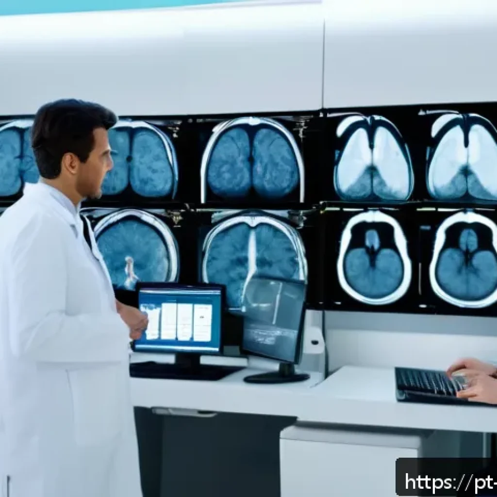 정밀 의학의 주요 기술 동향 - A modern hospital radiology room with advanced artificial intelligence systems analyzing detailed MR...