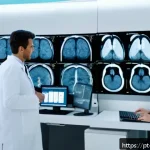 Home 17 정밀 의학의 주요 기술 동향 - A modern hospital radiology room with advanced artificial intelligence systems analyzing detailed MR...