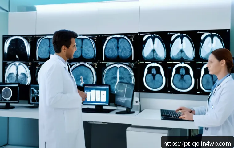 정밀 의학의 주요 기술 동향 - A modern hospital radiology room with advanced artificial intelligence systems analyzing detailed MR...